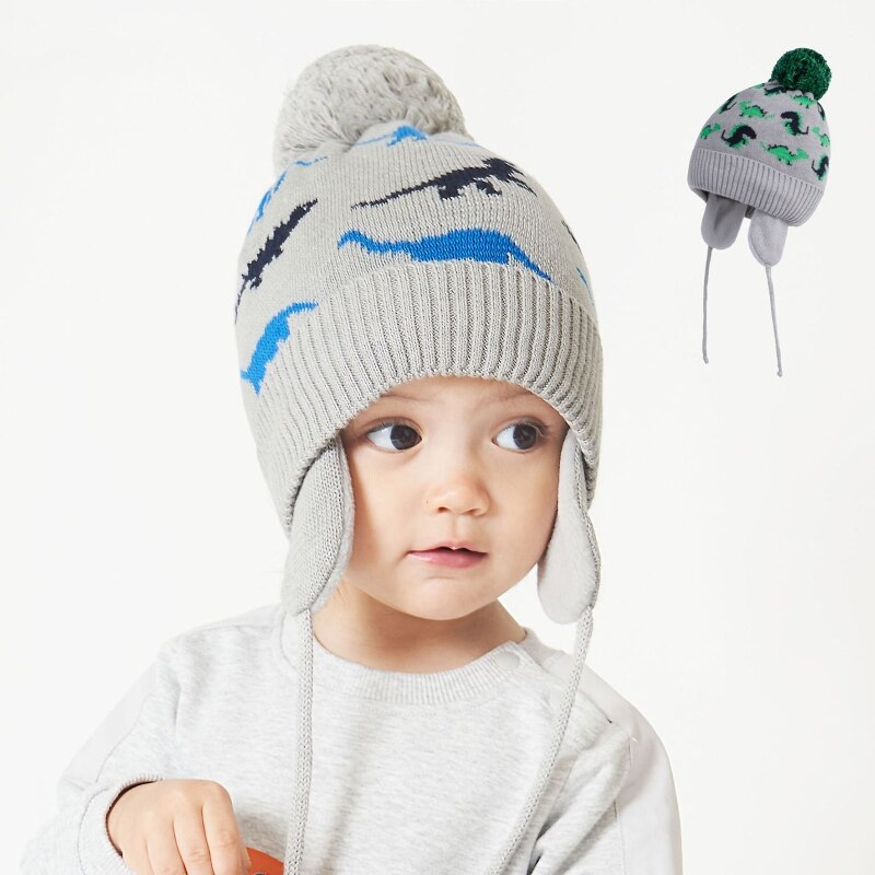 Peuter Baby Jongens Cartoon Dinosaurus Jacquard Beanie Warme Gebreide Muts Oorklep