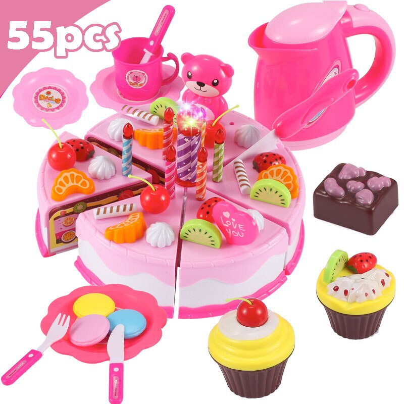 Neueste DIY Pretend Spielen Obst Schneiden Geburtstag Kuchen Küche Lebensmittel Spielzeug Cocina De Juguete Spielzeug Rosa Blau Mädchen für kinder: 55Pcs Pink