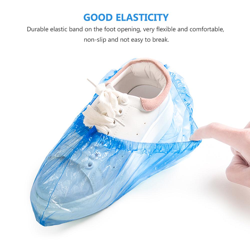 Couvre-chaussures jetables en plastique épais, 100 pièces, résistant à l'eau, bleu, pour l'extérieur, tapis de nettoyage, pour les jours de pluie