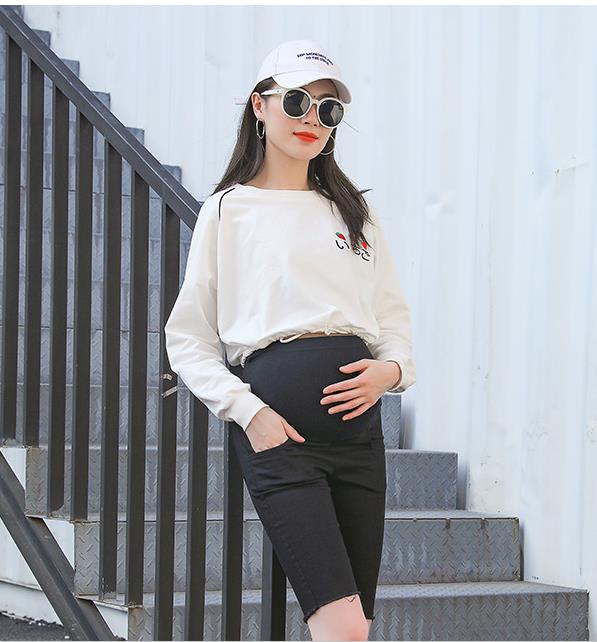 Summer Skinny Maternity Denim Shorts High Waist Adjustable Belly Pregnant Women Trouser Women Pockets Solid Pregnancy Clothing: M