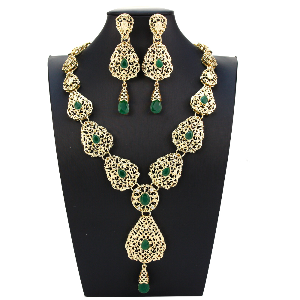 Algerije Marokko Sieraden Sets Lange Oorbel Ketting Set Voor Vrouwen Holle Arabesque Hanger Ketting Goud Kleur Bruid Sieraden: Goud-kleur