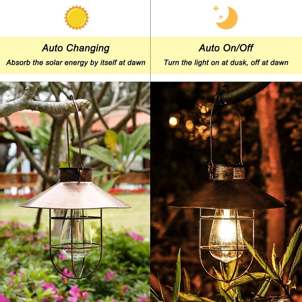 Solar Lantern Lamp Outdoor Hanging Waterproof Vintage Metal Solar Garden Lights with Tungsten Bulb Decorative for Patio 