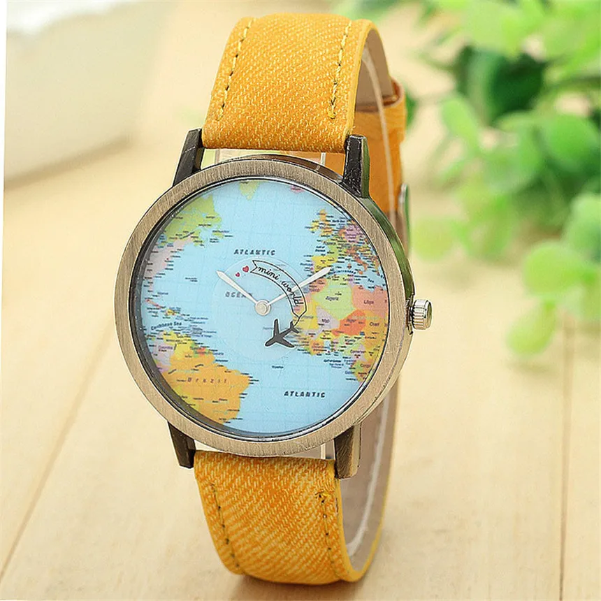 Cool Mini Wereld Mode Quartz Horloge Mannen Unisex Kaart Vliegtuig Reizen Rond De Wereld Vrouwen Lederen Jurk Horloges: YELLOW