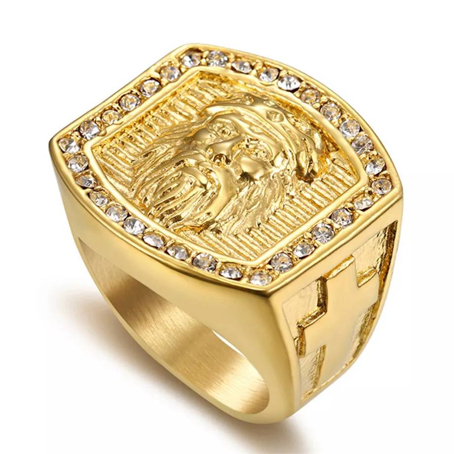 Merk sieraden jezus kruis witte kubieke zirkonia ring voor mannen gouden kruisbeeld cz band mannelijke sieraden