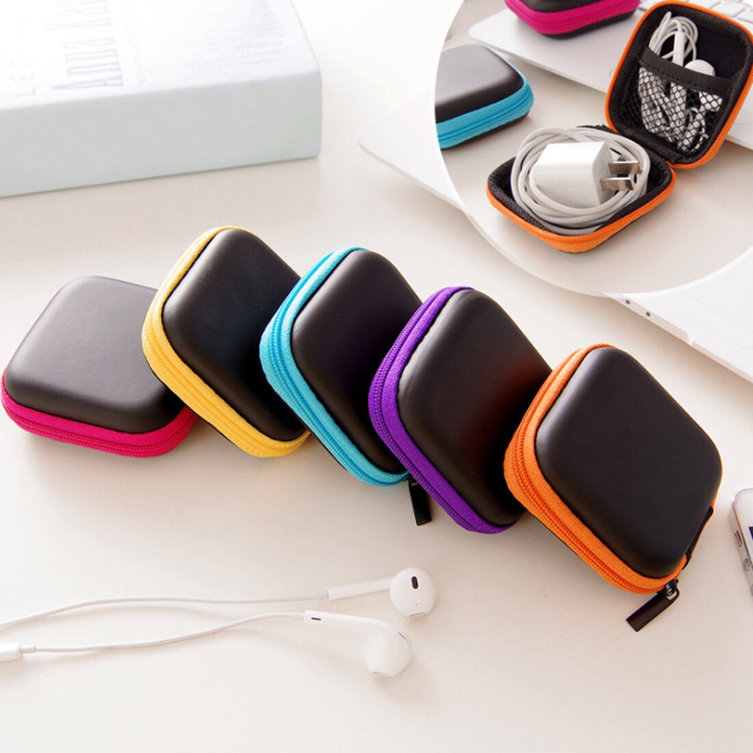 Mini Rits Hard Headphone Case Draagbare Oordopjes Pouch Box Pu Leer Oortelefoon Opbergtas Beschermende Usb Kabel Organizer
