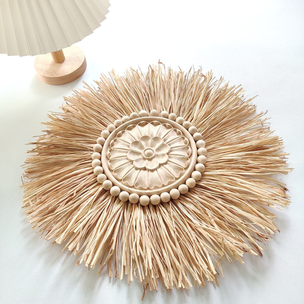 Miroir de paille rond tissé en bois marocain, nordique, perles de maquillage suspendues, ornements muraux, artisanat de décoration de maison