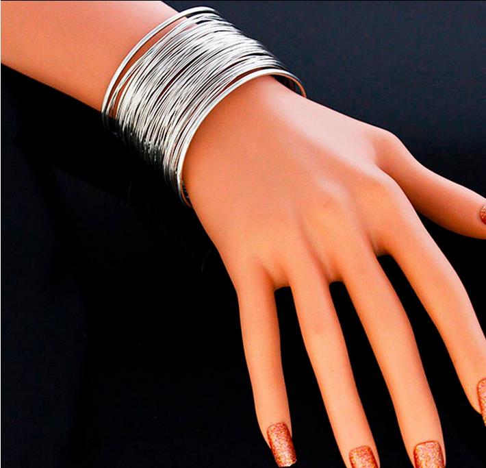 Punk Multilayer Strings Armband Zinklegering Draad Opening Manchet Bangle Voor Vrouwen Glinsterende Wrap Armband: Silver Plated