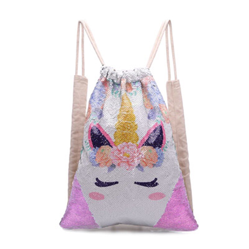 Outdoor Unicorn Drawstring Backpack Girls Sequin Patch Bags Cotton Shopping Soft Bag Travel Beach Backpack: pink