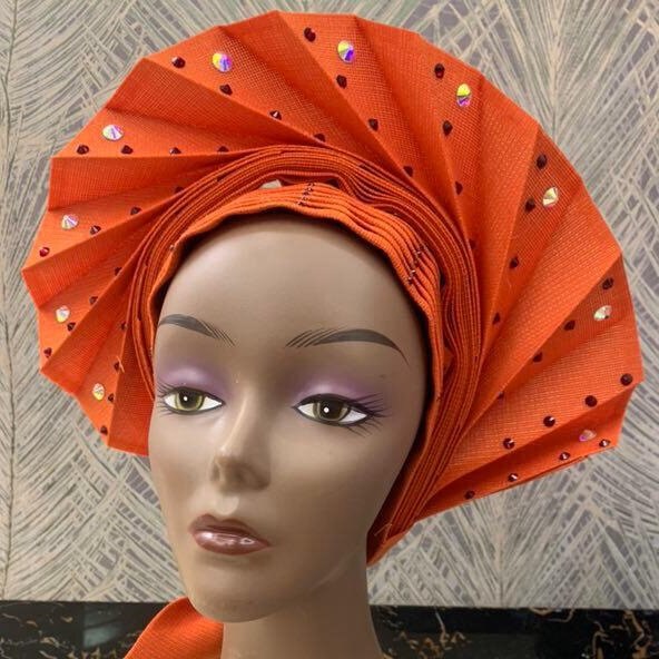 Kvinder stil hovedindpakning med rhinestone tørklæde kasket hat pandebånd turban afrikansk bryllup nyeste auto gele klar til at bære så oke: Orange 3