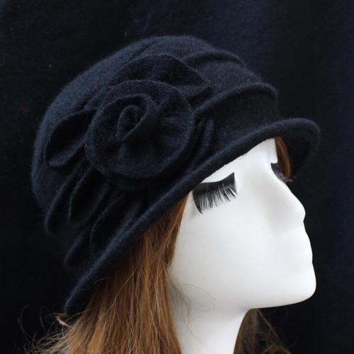 Vintage Women Wool Church Cloche Flapper Hat Lady Bucket Winter Flower Cap: Black