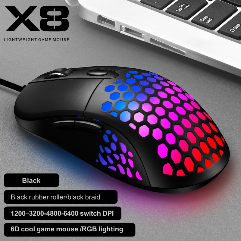 X8 Gaming Mouse Hole Mouse Wired Hollow Mouse Gaming Mouse RGB Desktop Mouse 6400 Dpi Gaming Mouse