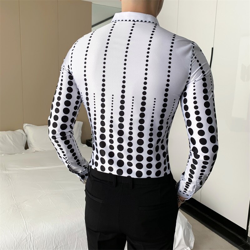 Koreanska herr prickade skjortor höst långärmad herrskjorta högtidskläder slim fit casual arbetsskjortor för herrkläder 3xl- m