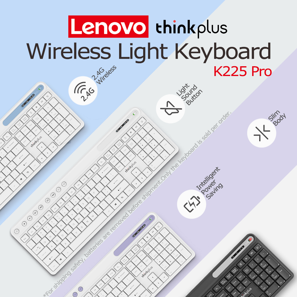 Thinkplus Wireless Light Sound Keyboard K225 Pro Lenovo 2.4G Waterproof Slim Colorful for PC Laptops Notebooks Working