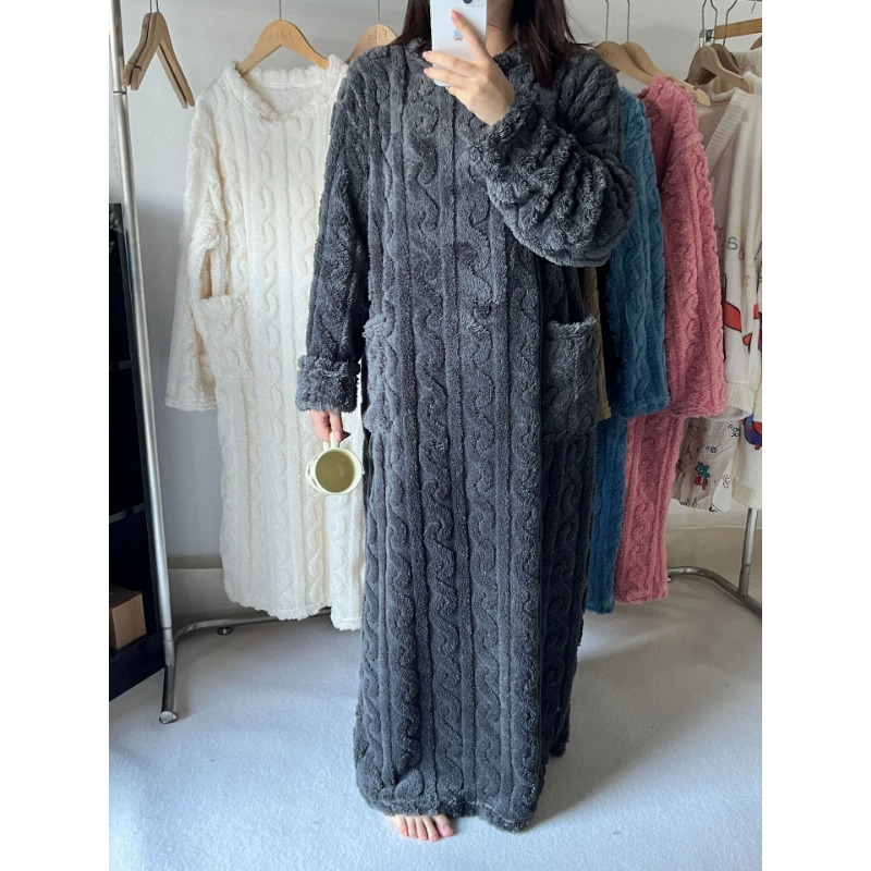 Bathrobe Woman Shower Autumn and Winter Thickened Coral Velvet Jacquard Sleeping Gown Long Section Solid Colour Warm Bath Robe
