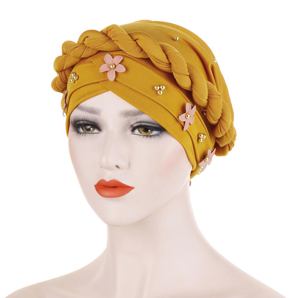 Gorros dorados 3d flor estilo africano sombrero con cuentas musulmana accesorios para el pelo turbante mujer sólida trenzada Banda TUB002