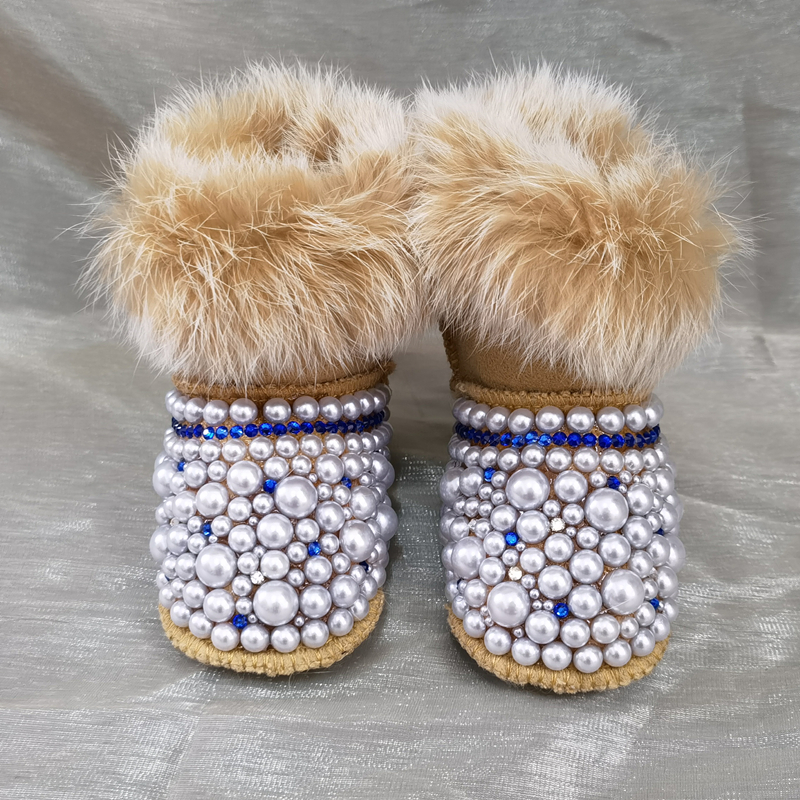 Dollbling Crystal Diamond Baby Snow Boot Warm Furry antiscivolo Bling strass perle regalo ricordo scarpe fatte a mano: kakhi / 12-18m(5.11inch)