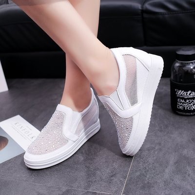 Pustende mesh hvit kile sneaker høy plattformhøyde økt skjulte sko sommer vill uformelt tykk såle nettsko: Hvit / 7
