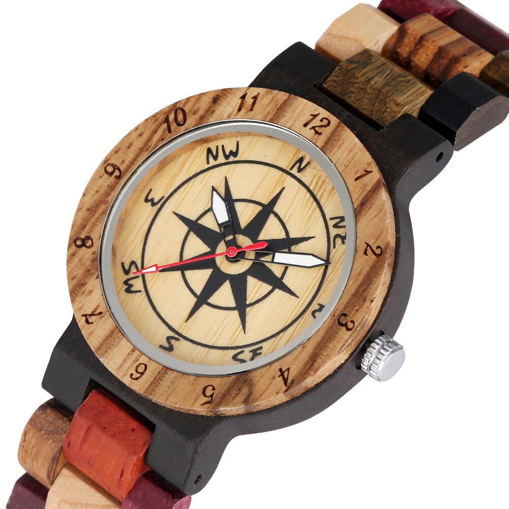 Nizza Colorato Orologi in Legno per Le Donne Quadrante della Bussola con luminoso puntatori Vigilanza di Legno di Disegno di Corrispondenza di colore Della Cinghia di orologio donna