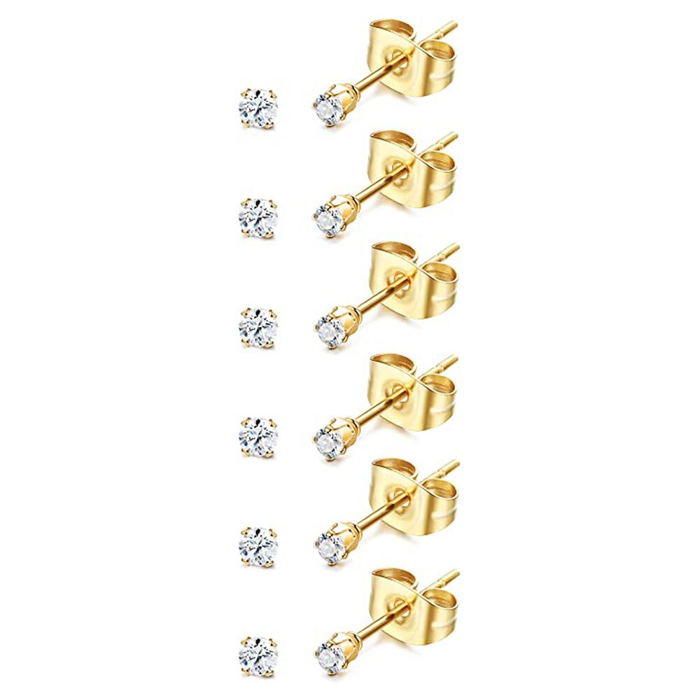 6 pares de aretes pequeños de acero inoxidable de 2 mm para hombre y mujer, aretes de bola redonda CZ, conjunto de: Rodio plateado