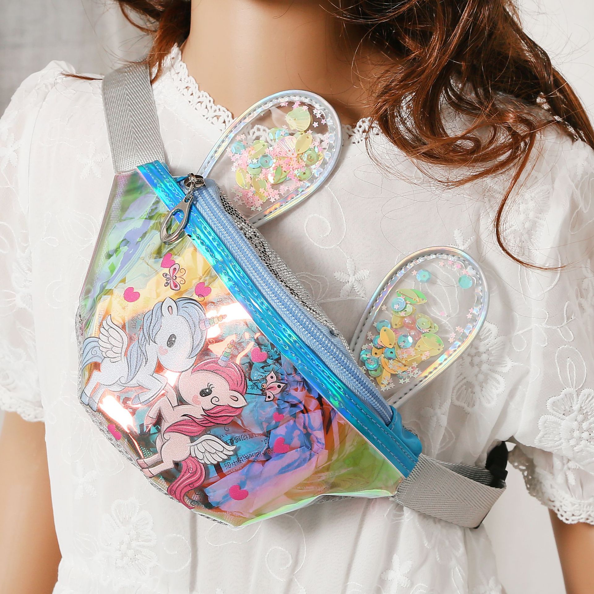 women leather waist bag cartoon sequin fanny pack for kid girl cute phone chest bag female belt bag fanny packs: blue