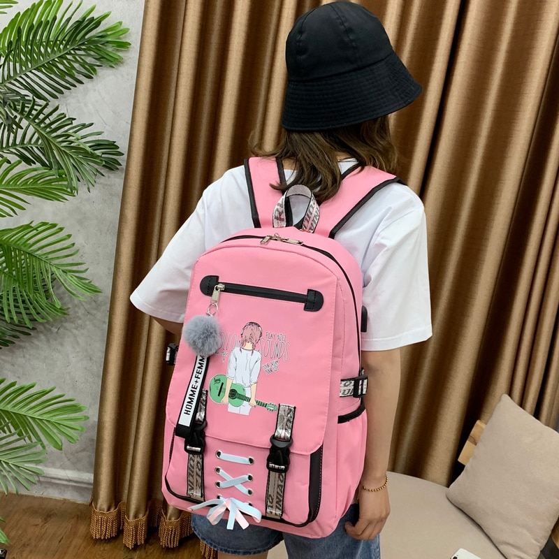 Große Schule Taschen für Teenager Mädchen Rucksack Frauen Bookbags Schüler Nylon Druck Hochschule Schul Jugend Usb mit Schloss Bagpack