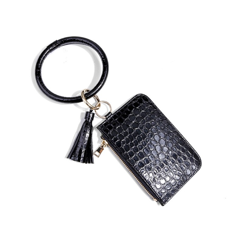 Trend Armband Keychain niedlich PU Leder Quaste Geldbeutel Brieftasche Karte Tasche Schlüssel Ring Handgelenk Anhänger: schwarz