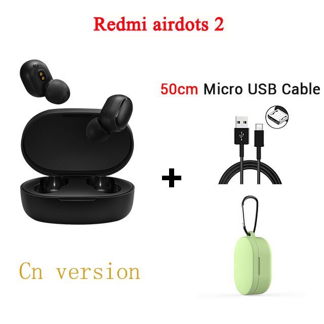 Xiaomi Redmi Airdots s Original Xiaomi Airdots 2 with Bluetooth 5.0 for Gaming Headset Wireless Earbuds with Mic Voice Control: A2 green case cable