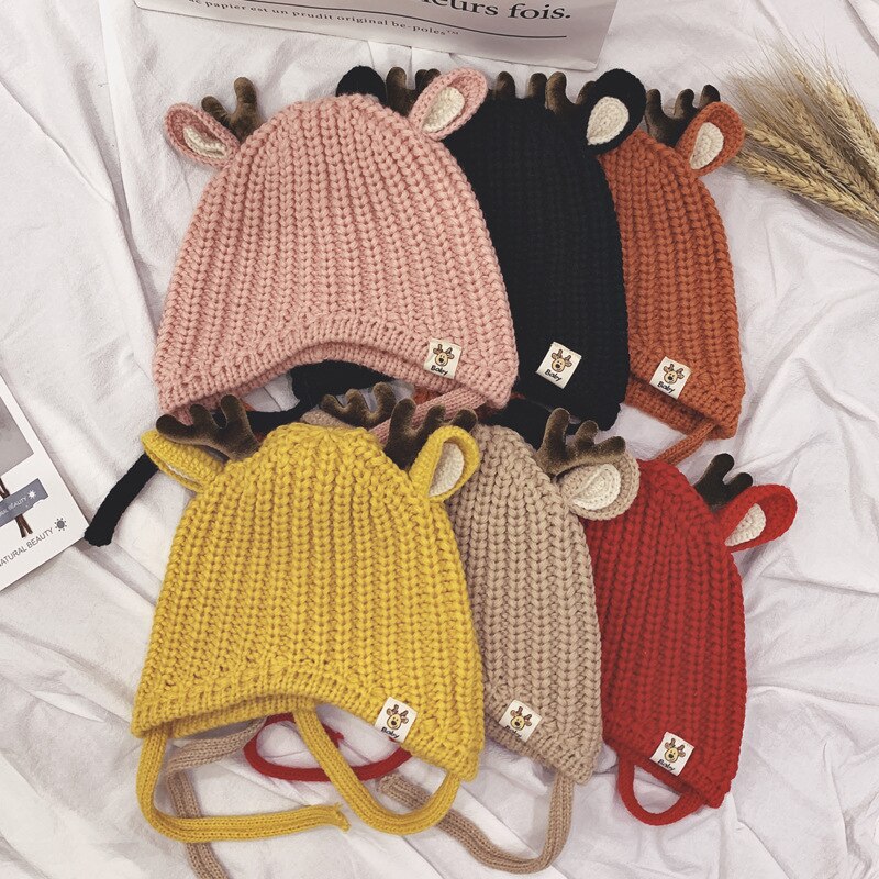 Baby Boys Girls Reindeer Beanie Hat Kids Christmas Hats Knit Cap Elk Horn Winter Hat