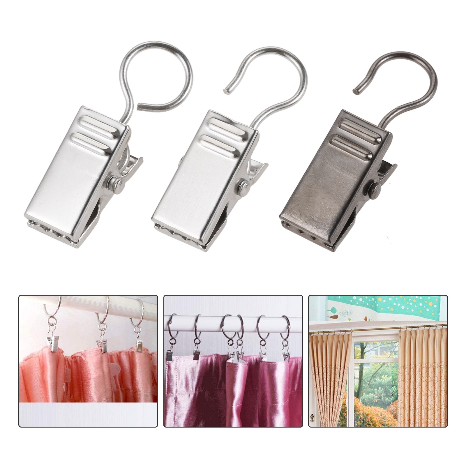 20pcs/set Curtain Clips with Hooks Iron Hanger Open/Closed Window Hanging Silver/Black 3.3cm Photo Display Plating Home Decor