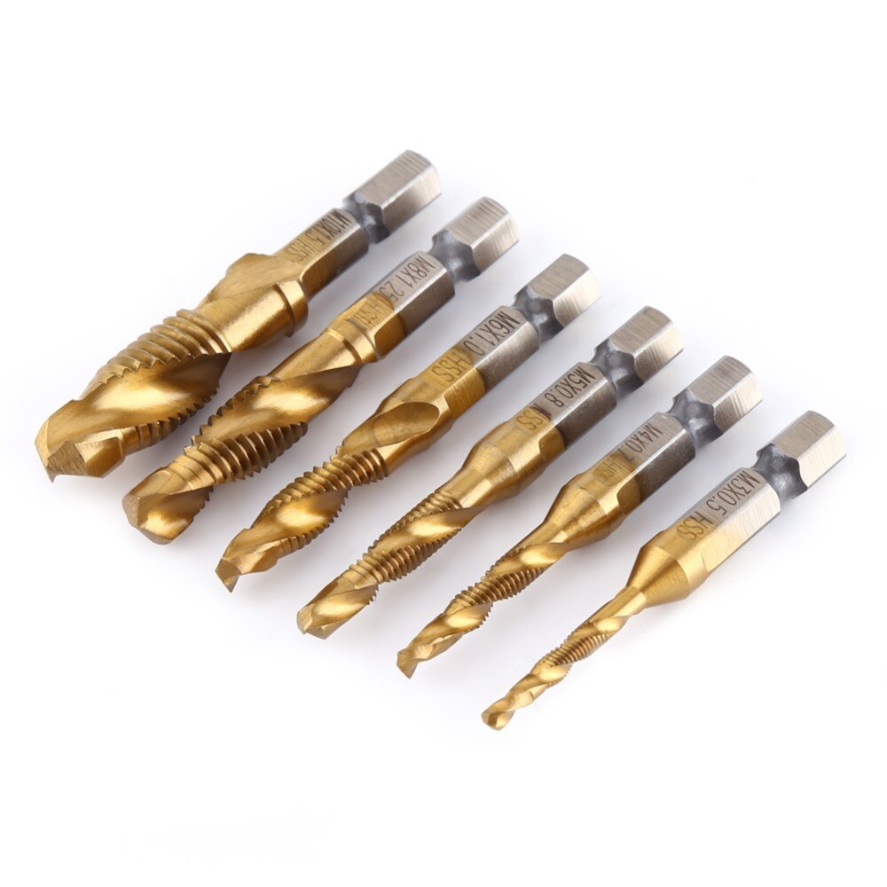 6pcs Drill Bit Metric Thread M3-M10 Titanium Coated HSS Drill and Tap 1/4" Hex Shank metaal boor broca quadrada foret conique