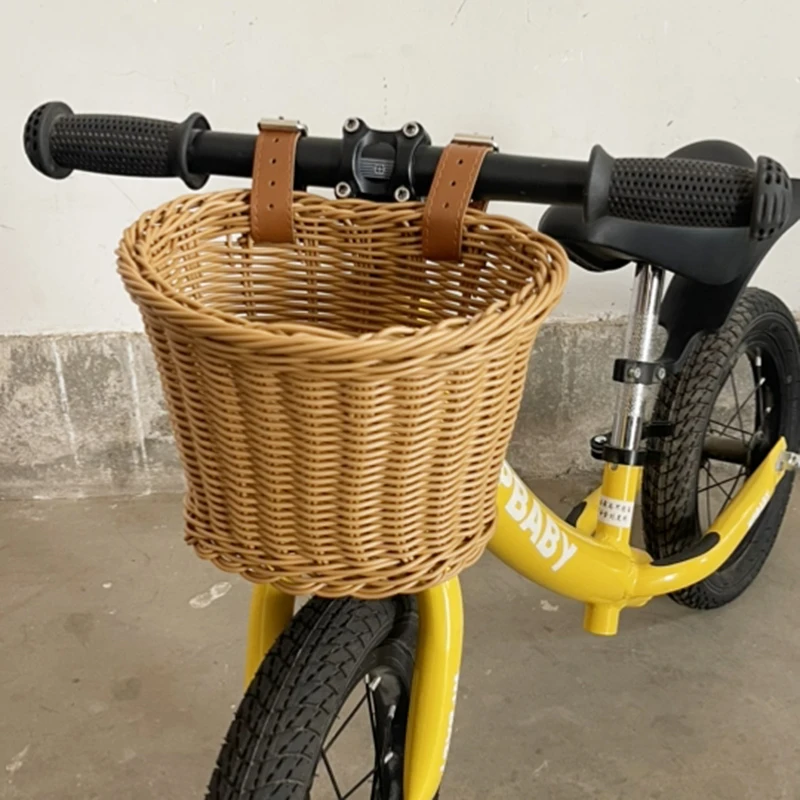 Cestino portaoggetti fatto a mano durevole e impermeabile Borsa per bagagli staccabile Cestino anteriore per passeggino per borsa in rattan intrecciato per scooter da bici per bambini