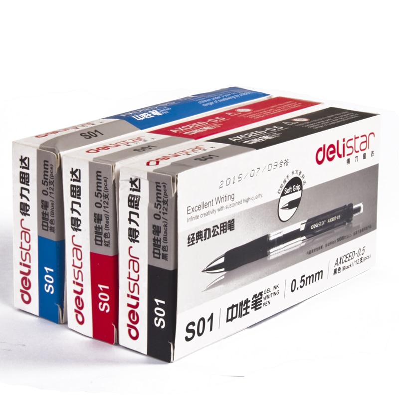 12PCS DELI S01 / S02 Push Gel Pen Black Pen 0.5 / 0.7 MM Signing Pen Red Blue Ink / Box