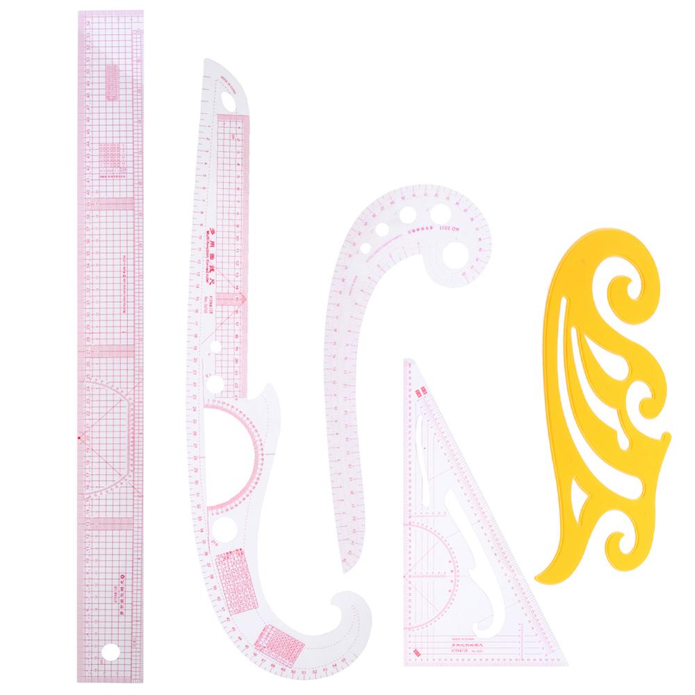 9PCS/SET Ruler Tailor Measuring Kit Clear Sewing Drawing Ruler Yardstick Sleeve Arm French Curve Set Cutting Ruler Paddle Wheel: 5PCS