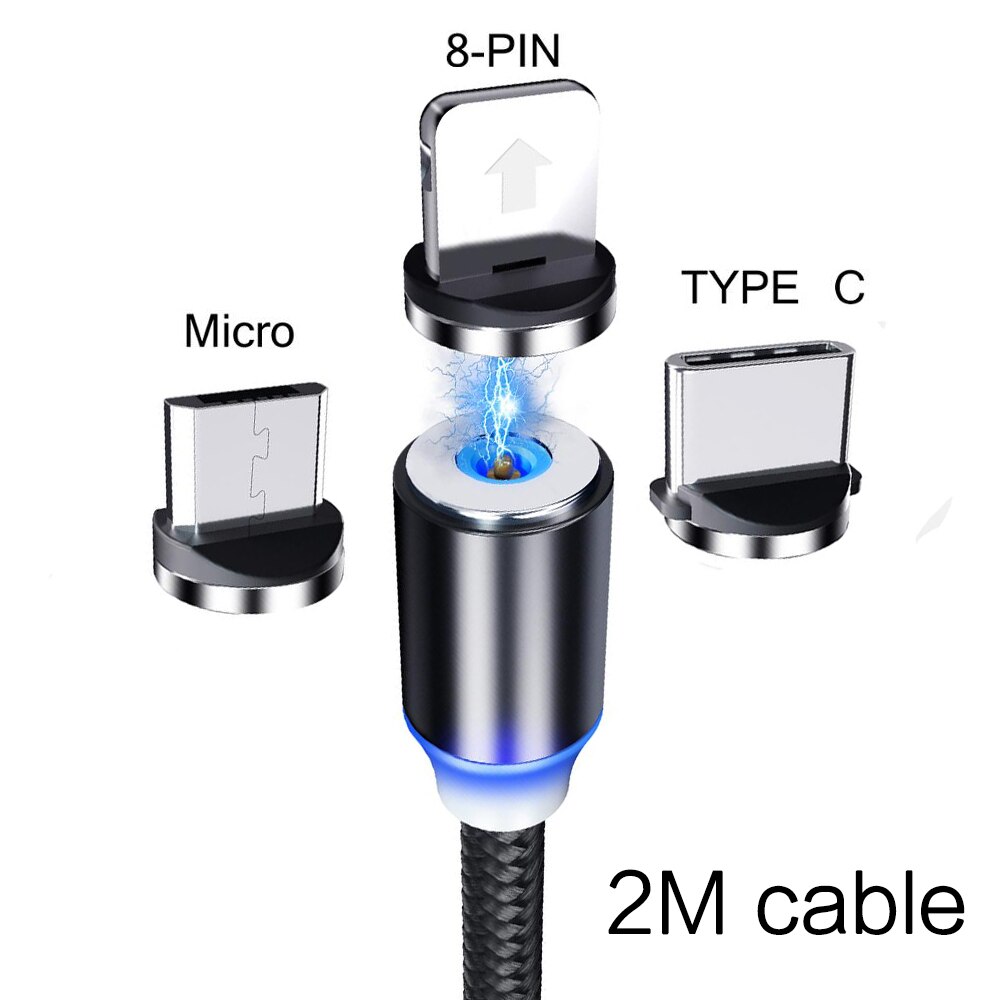 Ronde Magnetische Kabel Plug 8 Pin Type C Micro Usb C Stekkers Snelle Opladen Telefoon Magneet Charger Plug Voor Iphone 1M Lijn Laadstroom: Only Cable Black 2M