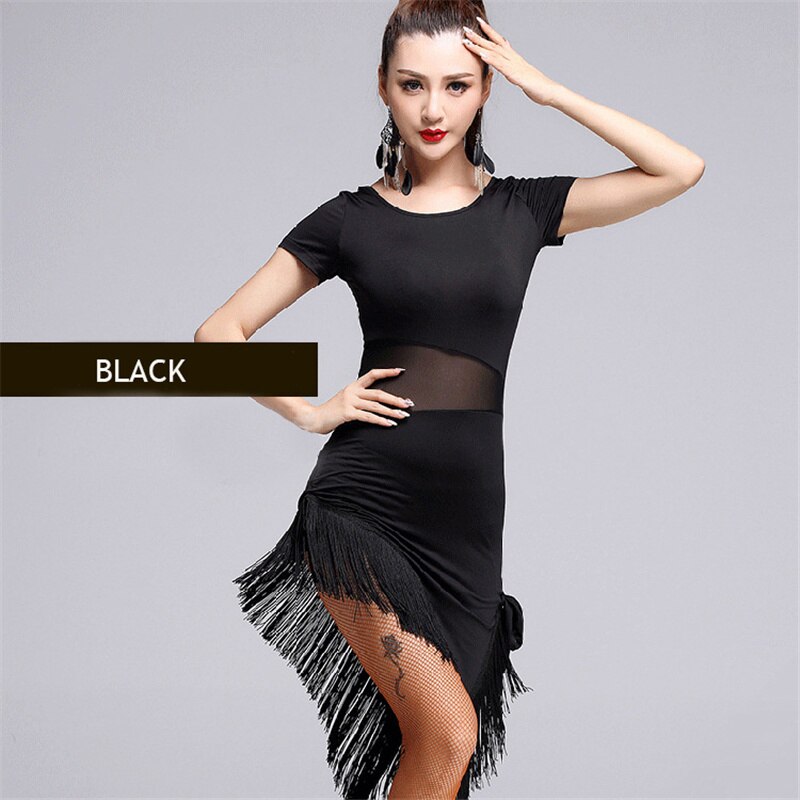 Ladies Latin Dance Training Tassel Clothing Women Summer Ballroom Tango Salsa Rumba Costume Leopard Print Short Sleeve Dancewear: black / M