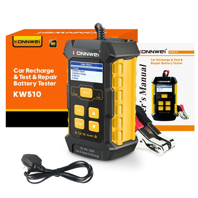 KONNWEI-cargador y probador de batería de coche KW510, 12V, 6A, totalmente automático, reparación de pulso de potencia, pantalla LCD Digital: UK