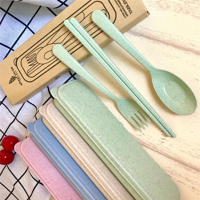 3pcs/Set Travel Cutler Portable Cutlery Box Kids Children Dinnerware Sets Chopsticks Fork Spoon Travel Cutlery Kitchen Tableware