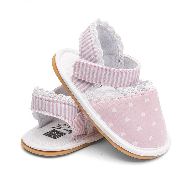 Aankomst Bloemen Streep Hart Baby Meisjes Sandalen Katoen Stof Rubberen Zool Baby Wieg Schoenen Baby Mocassins Sandalen Schoenen: pink heart / 3