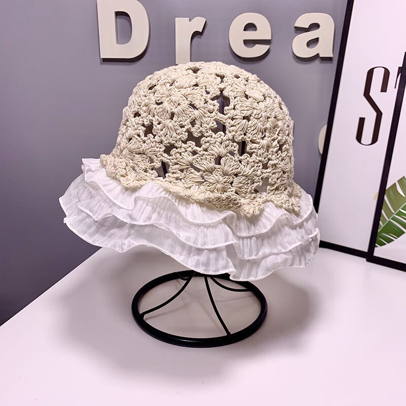 Women Lace Knitted Fisherman Hat Hollow Bucket Hat Crochet Hat Lace Flower Cute Sweet Romantic Sun Hat: beige
