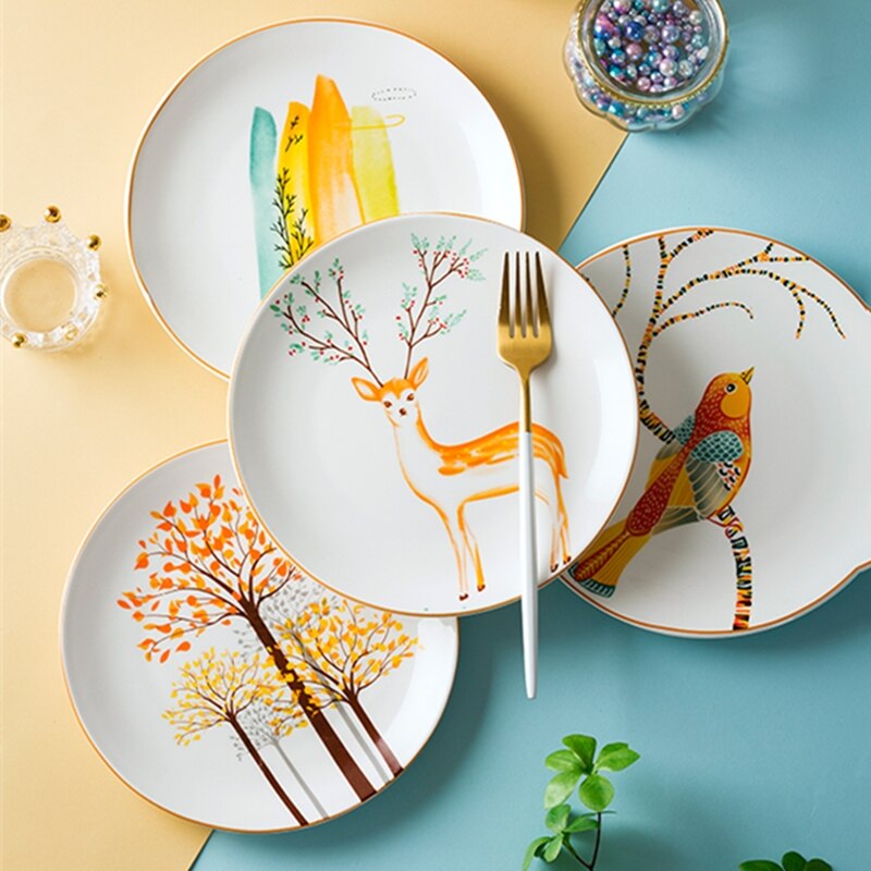 Chinaware conjunto de placa 4 pçs bonito desenhos animados cozinha do agregado familiar porcelana talheres sobremesa salada pratos cerâmica esmalte placa: B  4pcs
