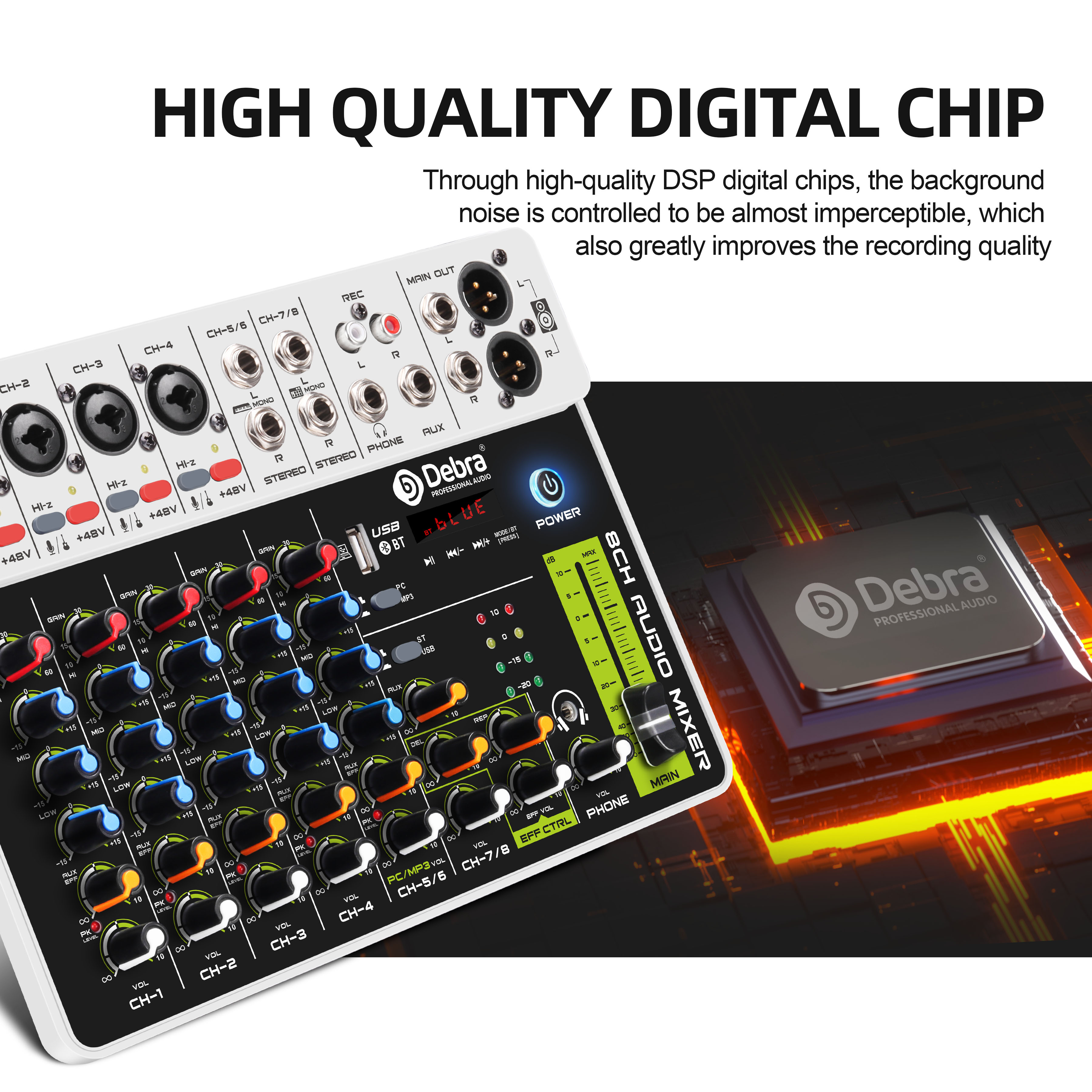 Debra V8 8 Kanäle Audio Mixer mit Bluetooth USB 48V Phantom Power Verzögerung Wiederholung Effekt für Sound Mischpult PC Aufnahme