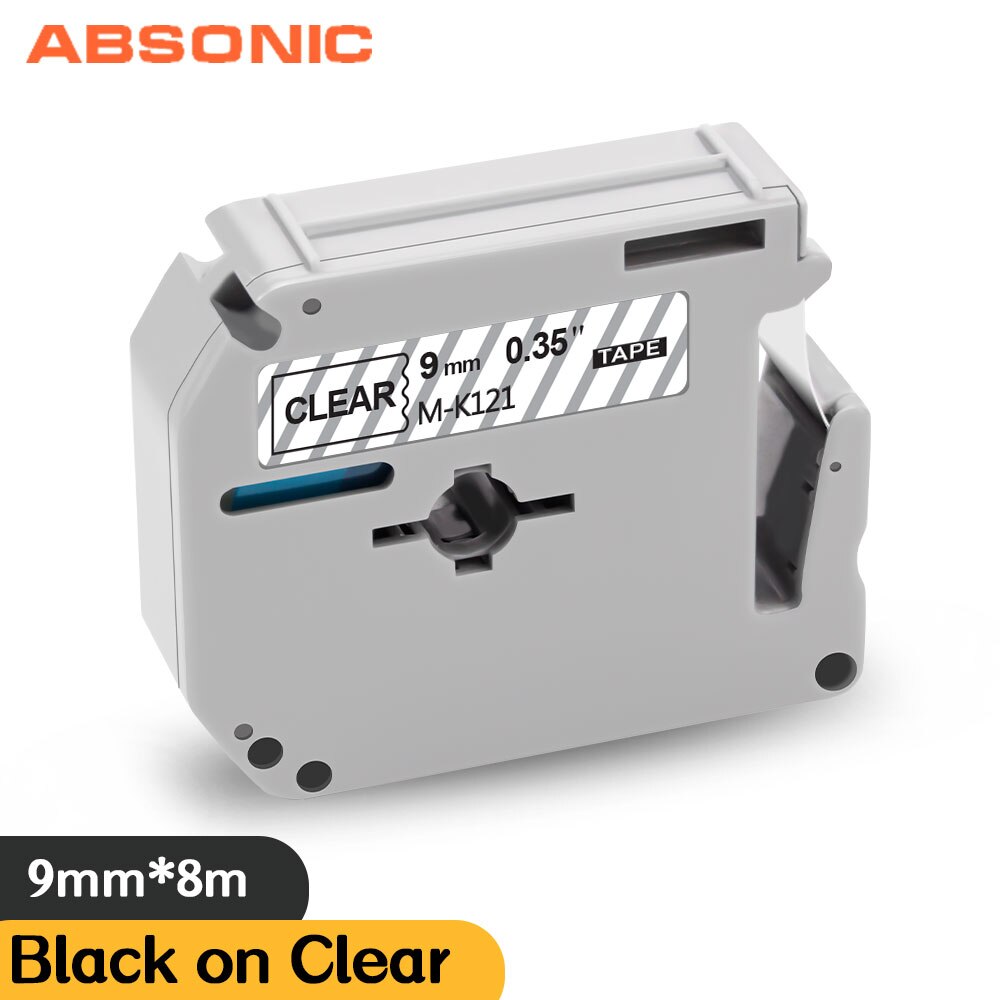 Absonic 8 Color 9mm Label Tape MK-121 MK-221 MK-421 MK-521 MK-621 Printer Ribbon Black on White For Brother Ptouch PT-80 Label M: Black on Clear / 9mm