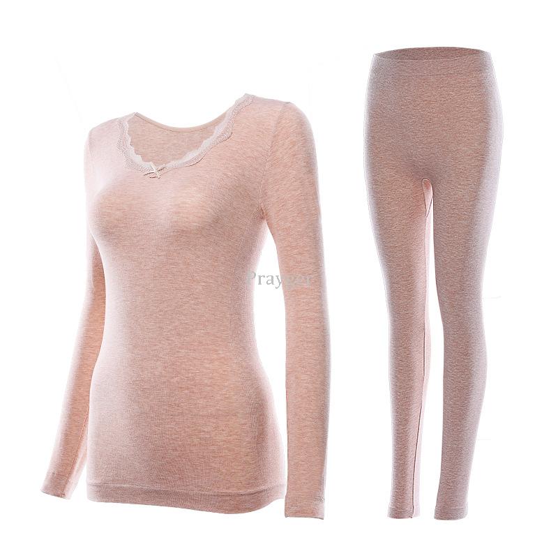 Women Thermal Underwear Body Warm Long Jhons Cotton Thin Slim Sleeves O Neck Tops Buttoms Sets: black