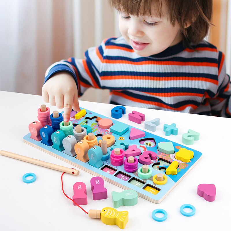 Montessori Giocattolo Di Legno 3D Alfabeto Colorato Puzzle Di Numero di Forma Geometrica Cognizione di Pesca Conteggio Giocattoli Educativi Per I Bambini