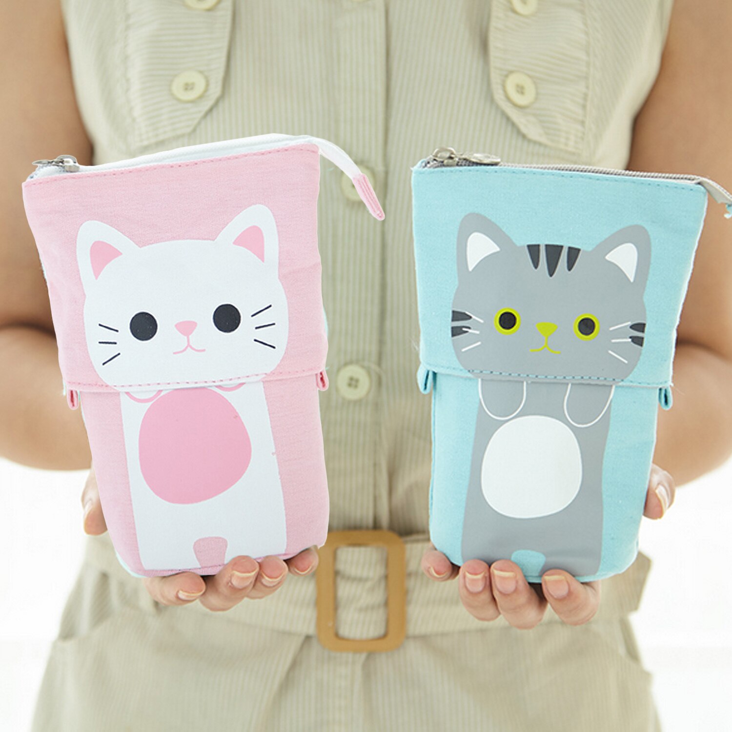 Cute Cartoon Cat Transformer Telescopic Canvas Stand Store Pencil Stationery Holder Pouch Bag Case with Zipper Closure