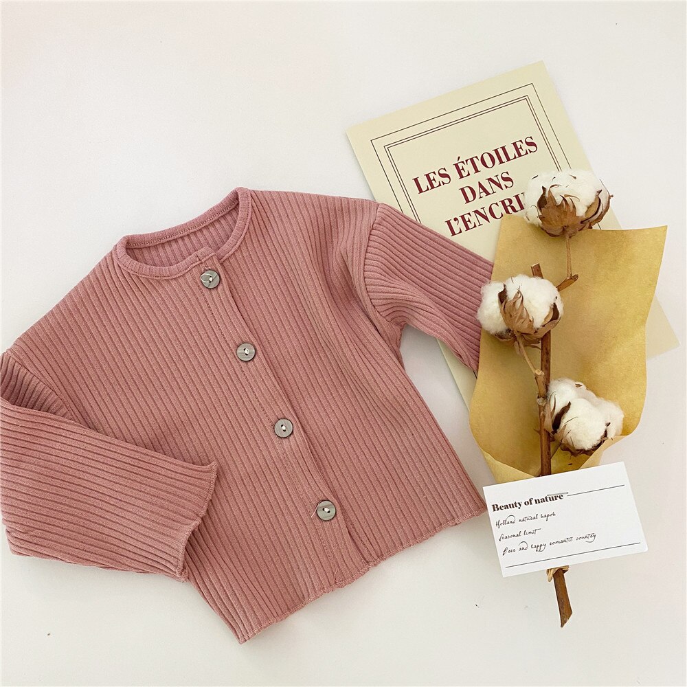 Efterårs strikket cardigan til drenge og piger baby knap sweater baby baby strik frakke: Læderpulver / 24m