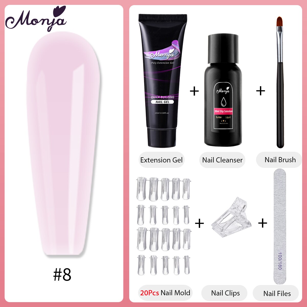 Monja 6 Stks/set Nail Art Uitbreiding Kit Acryl Uv Gel Nail Files Nail Mallen Builder Schilderen Borstel Anti Oplossing Diy manicure Set: 8