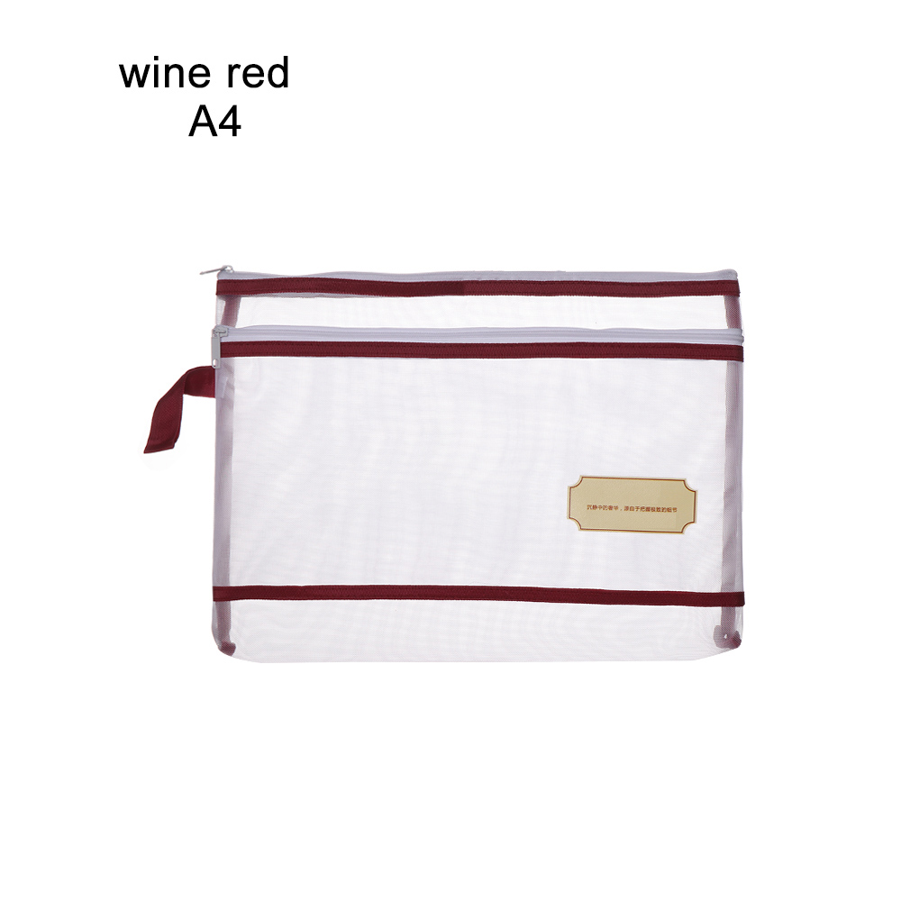 1 PC A4/A5/A6 Nylon Mesh Document File Double Pocket Pencil Case Zipper Notebook Bag Office Stationery Storage: A4 wine red