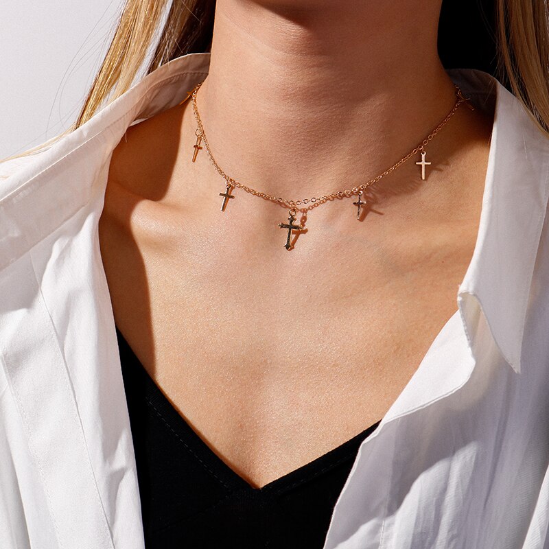 Unieke Cross Hangers Kettingen Voor Vrouwen Goud Zilver Kleur Kruis Kwastje Ketting Choker Ketting Mode-sieraden Accessoires