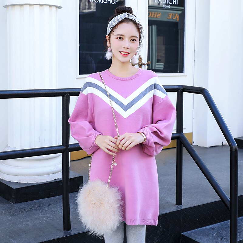 Barsel kvinder hætteløse o-hals lange pufærmer bluser moms loose fit bogstaver strikke pullover mellemlange sweatere